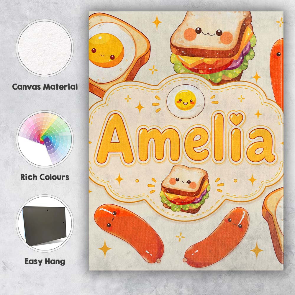 Personalised Name Kawaii Breakfast Eggs Custom Modern Room Accent Elegant Feature Canvas Wall Art Print Decor Picture Ready to Hang