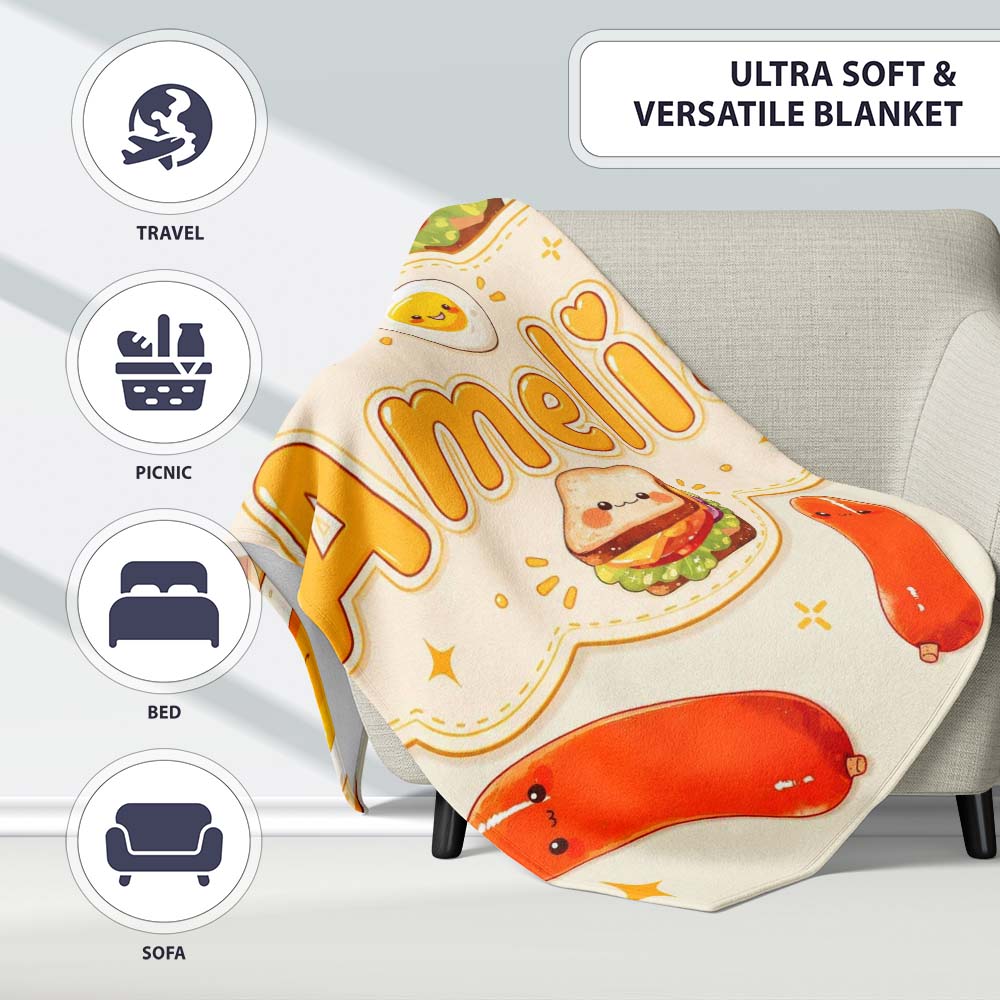 Kawaii Breakfast Eggs Sausage and Sandwich Cream Seamless Pattern Personalised Custom Name Super Soft Fleece Blanket Bed Sofa Throw