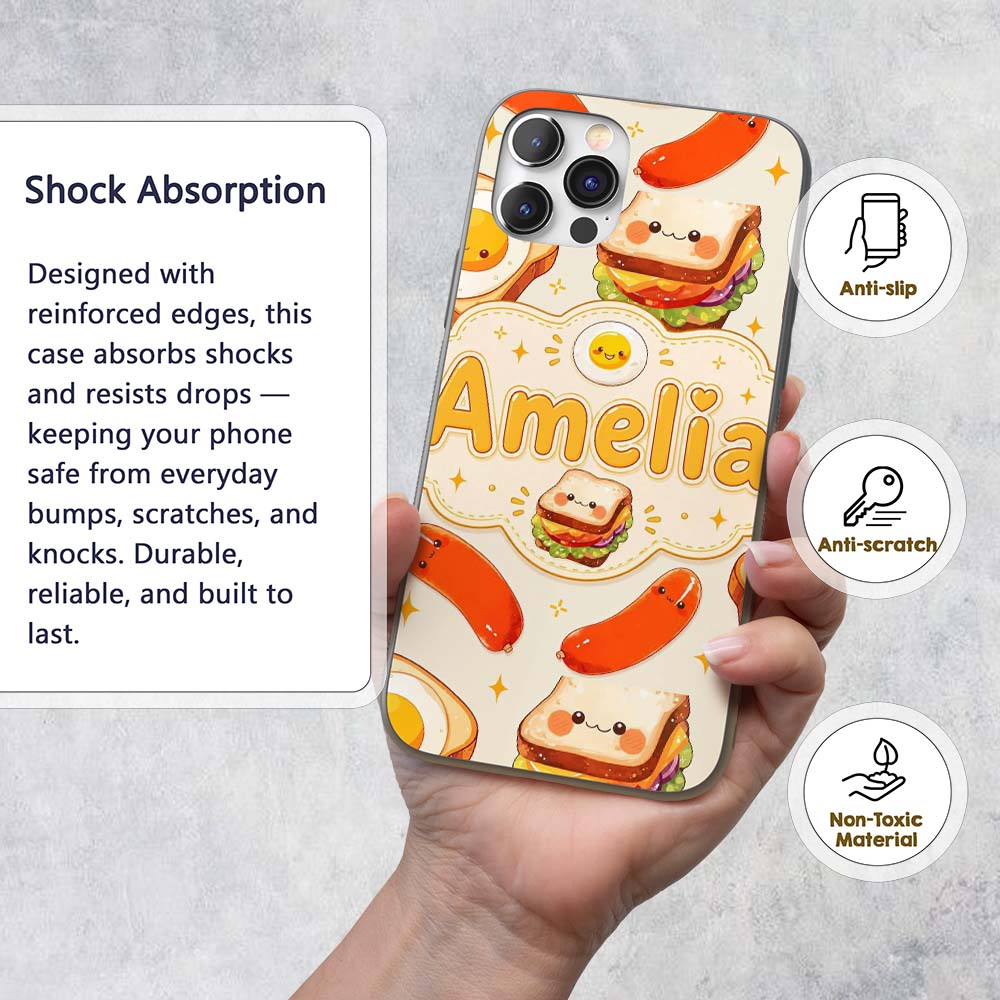 Kawaii Breakfast Eggs Sausage and Sandwich Cream Custom Name Protective Phone Case Mobile Cover Durable Everyday Smartphone Shock Resistant