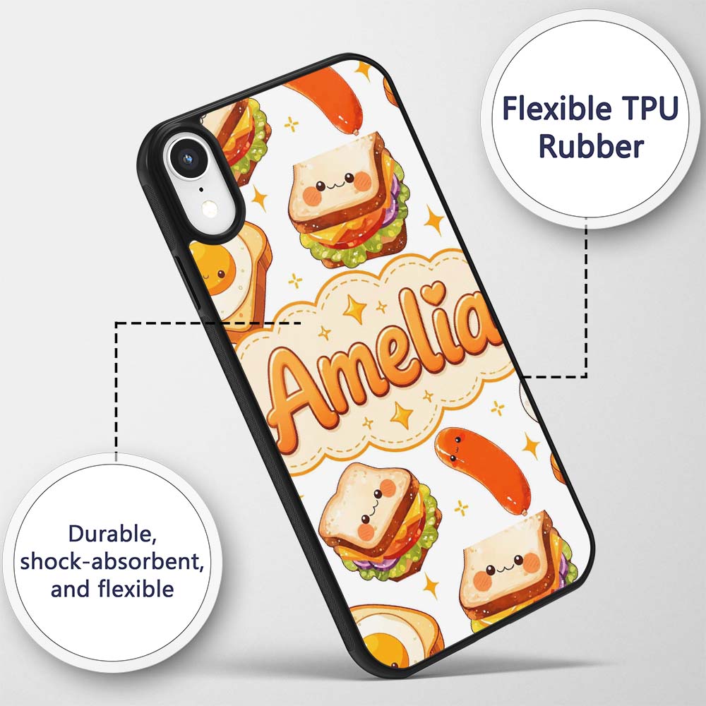 Kawaii Breakfast Eggs Sausage and Sandwich Light Custom Name Protective Phone Case Mobile Cover Durable Everyday Smartphone Shock Resistant