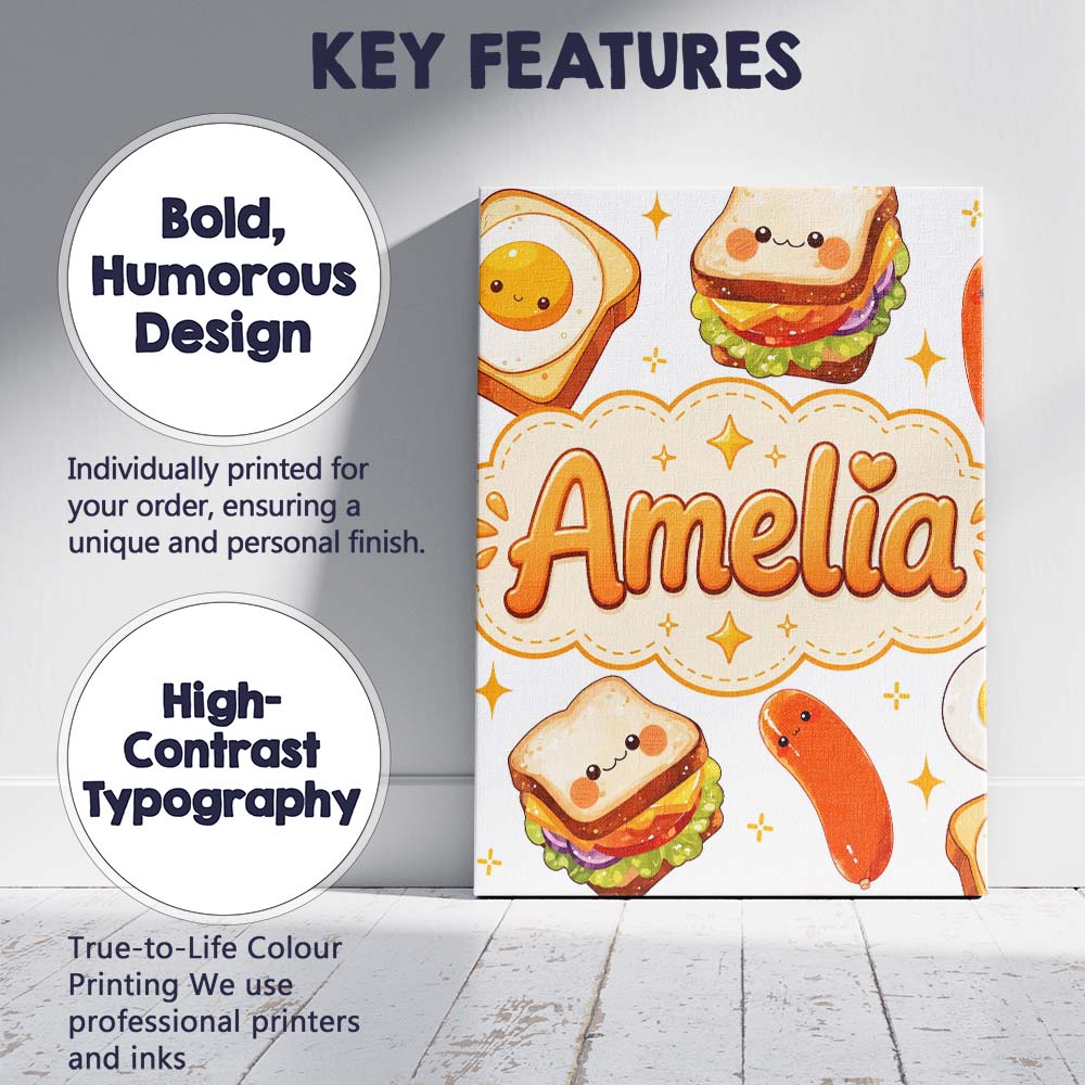 Personalised Name Kawaii Breakfast Eggs Custom Modern Room Accent Elegant Feature Canvas Wall Art Print Decor Picture Ready to Hang