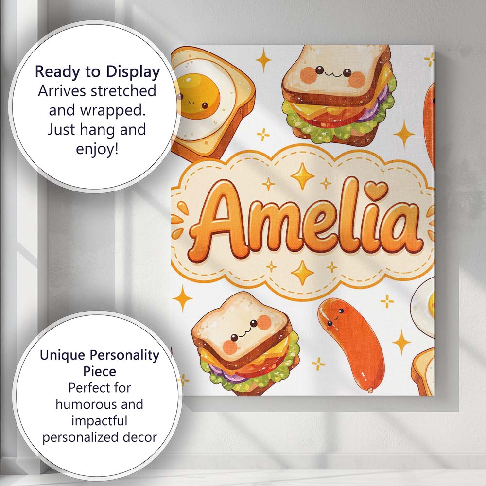 Personalised Name Kawaii Breakfast Eggs Custom Modern Room Accent Elegant Feature Canvas Wall Art Print Decor Picture Ready to Hang