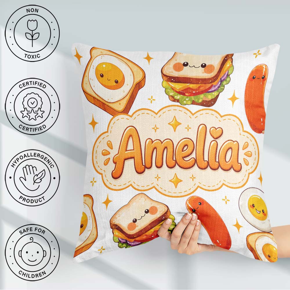 Custom Name Kawaii Eggs Sausage and Sandwich Light Grey Seamless Square Filled Cushion Throw Pillow Sofa Bed Home Decor Zip Washable UK Made