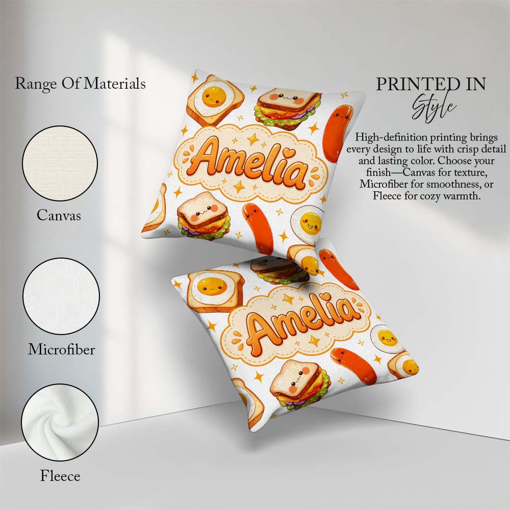 Custom Name Kawaii Eggs Sausage and Sandwich Light Grey Seamless Square Filled Cushion Throw Pillow Sofa Bed Home Decor Zip Washable UK Made