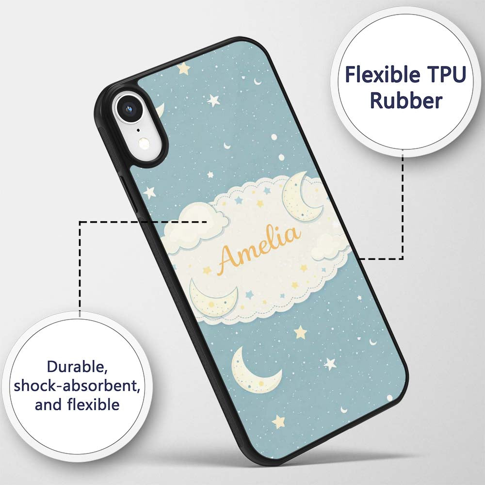 Light Blue Night Sky Moon Hanging Stars Cute Custom Name Protective Phone Case Mobile Cover Durable Everyday Smartphone Shock Resistant