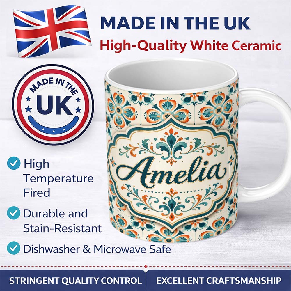 Personalized Custom Name Decorative Floral Tile Pattern Teal Orange and Cream Seamless Lovely 11oz Ceramic Coffee Tea Mug White Large Handle