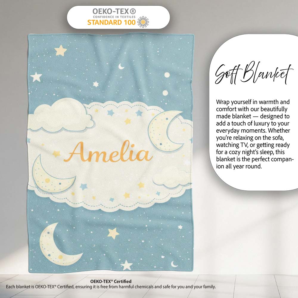 Light Blue Night Sky Moon Hanging Stars Cute Seamless Pattern Lovely Personalised Custom Name Super Soft Fleece Blanket Bed Sofa Throw