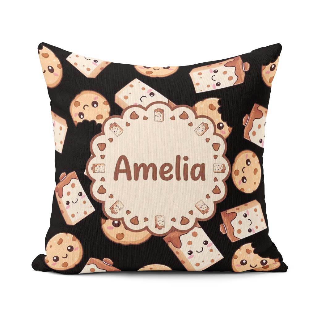 Custom Name Cute Kawaii Cookies and Milk Carton Black Background Square Filled Cushion Throw Pillow Sofa Bed Home Decor Zip Washable UK Made