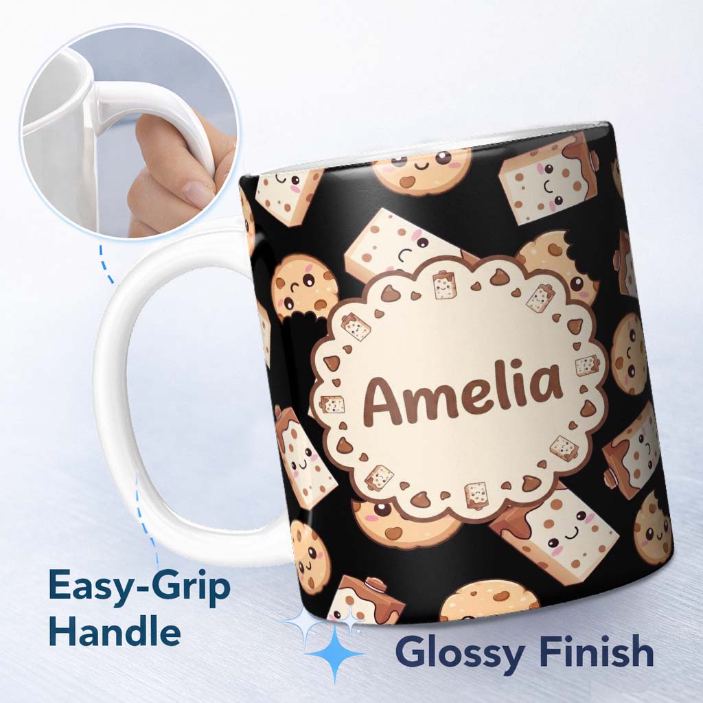 Personalized Custom Name Cute Kawaii Cookies and Chocolate Milk Carton Black Background 11oz Ceramic Coffee Tea Mug White Large Handle