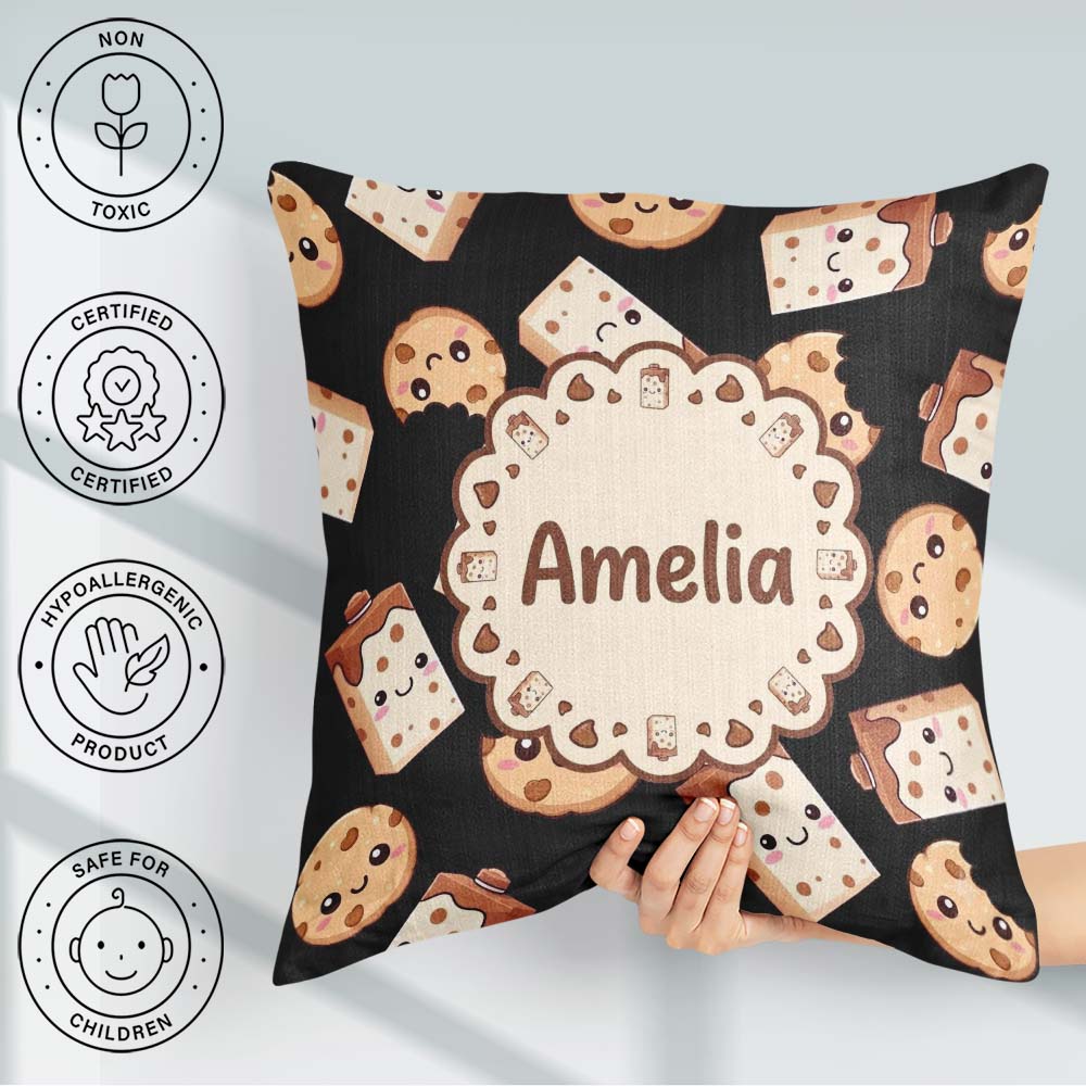 Custom Name Cute Kawaii Cookies and Milk Carton Black Background Square Filled Cushion Throw Pillow Sofa Bed Home Decor Zip Washable UK Made