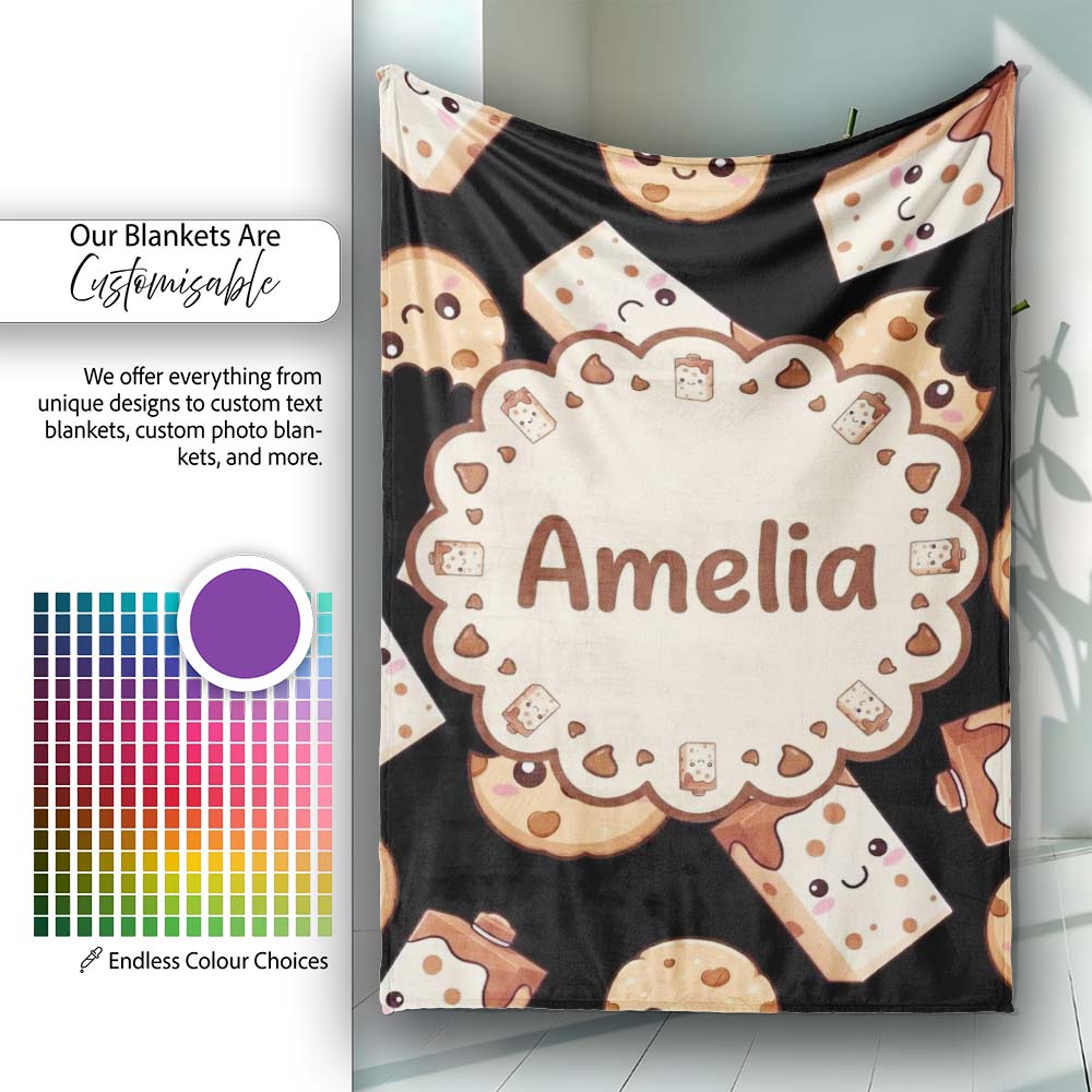 Cute Kawaii Cookies and Chocolate Milk Carton Black Background Personalised Custom Name Super Soft Fleece Blanket Bed Sofa Throw