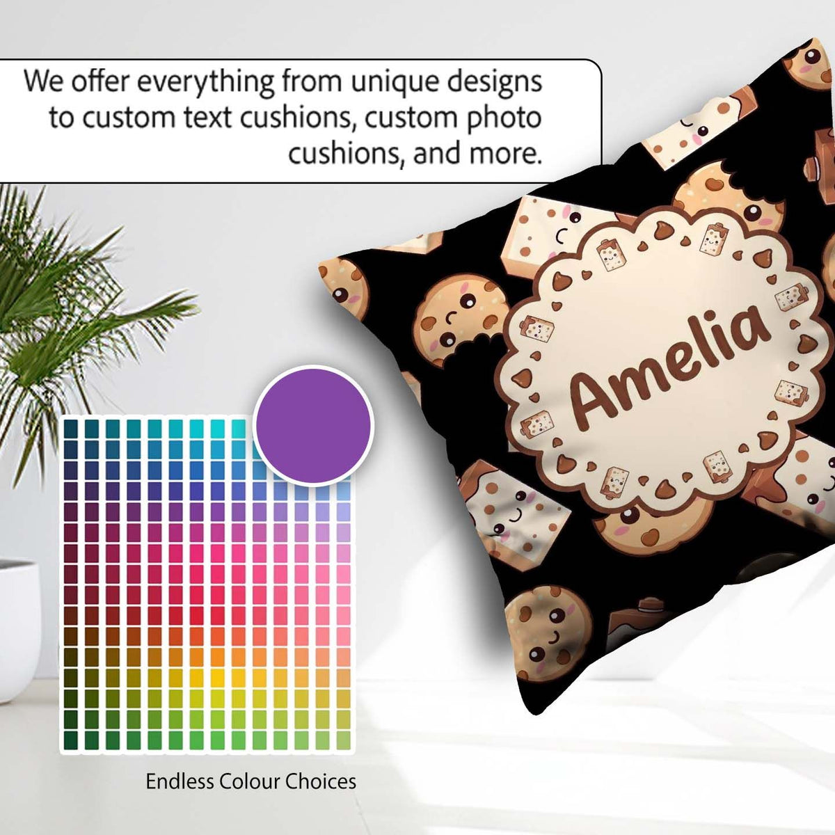 Custom Name Cute Kawaii Cookies and Milk Carton Black Background Square Filled Cushion Throw Pillow Sofa Bed Home Decor Zip Washable UK Made