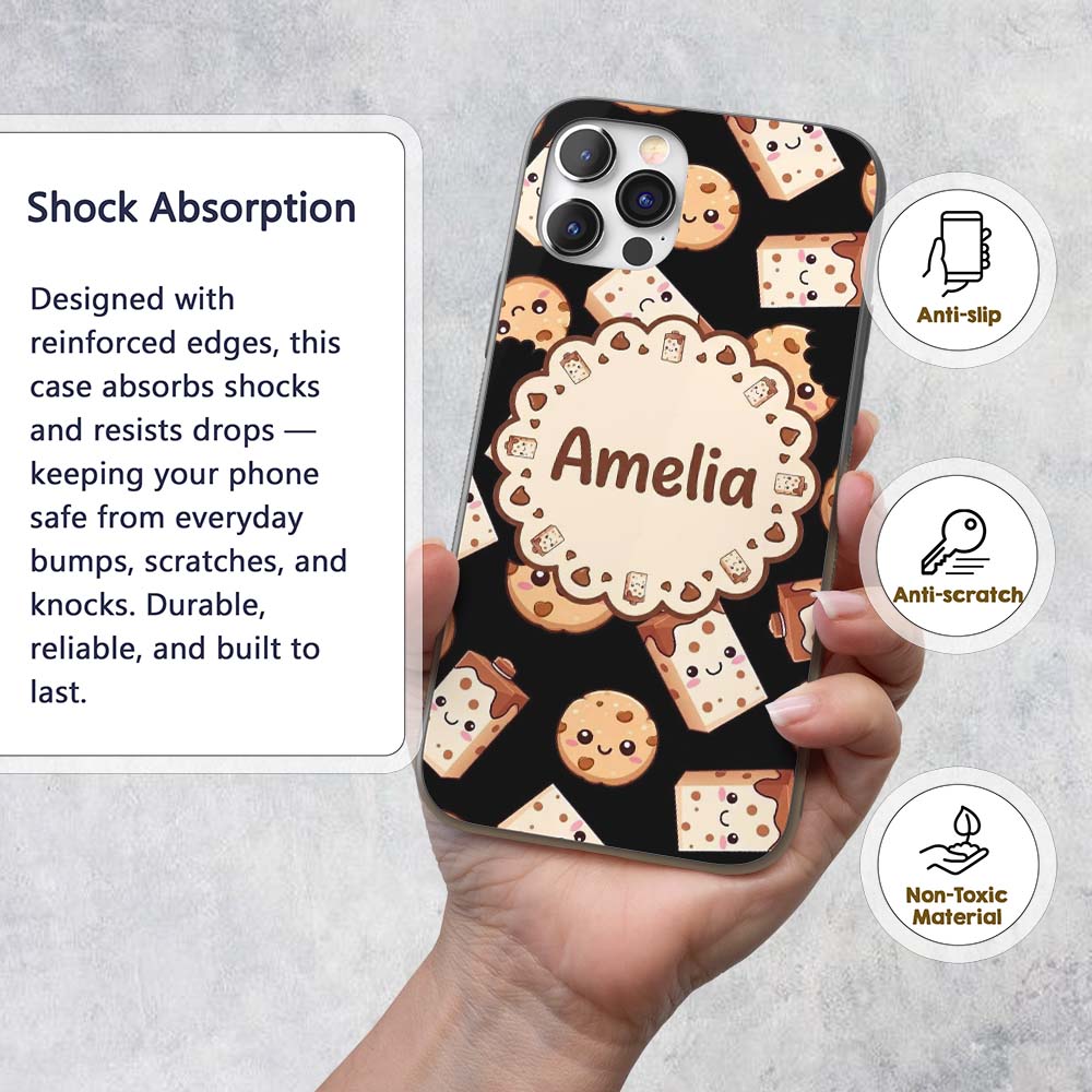 Cute Kawaii Cookies and Chocolate Milk Carton Custom Name Protective Phone Case Mobile Cover Durable Everyday Smartphone Shock Resistant