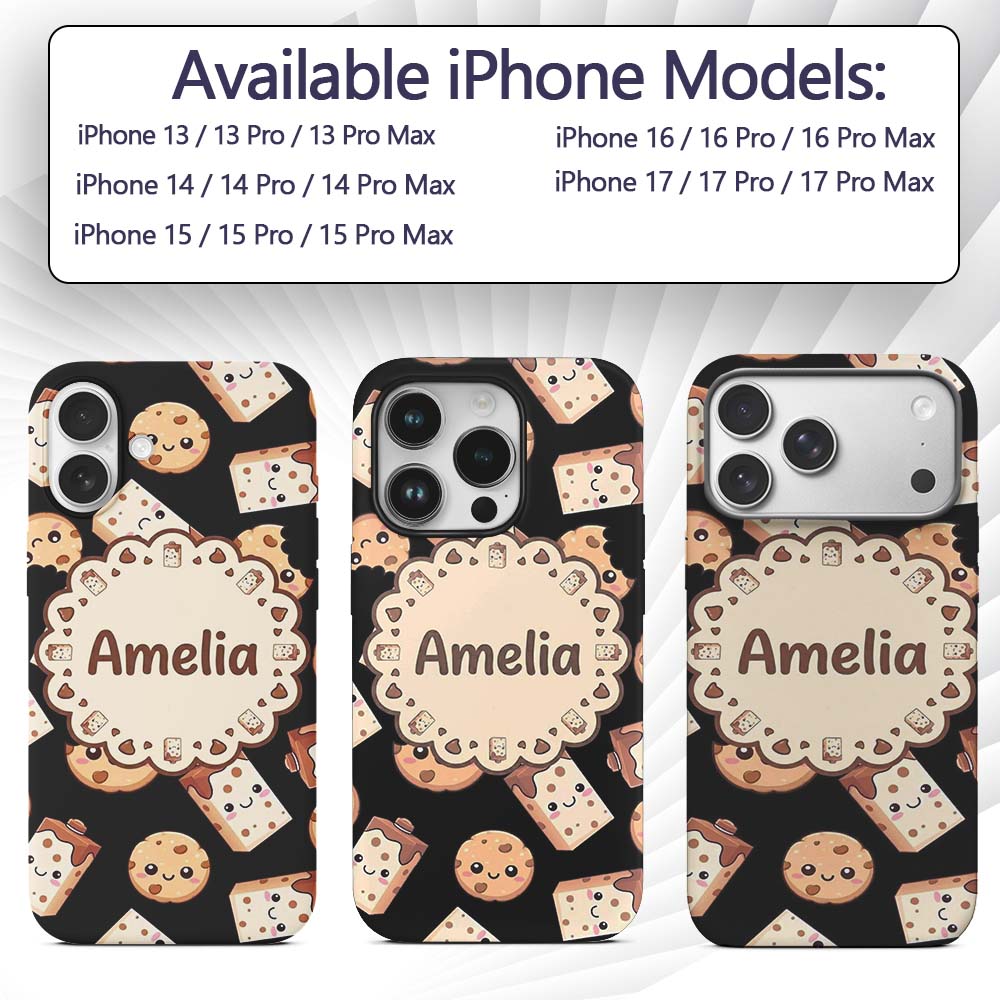 Cute Kawaii Cookies and Chocolate Milk Carton Custom Name Protective Phone Case Mobile Cover Durable Everyday Smartphone Shock Resistant