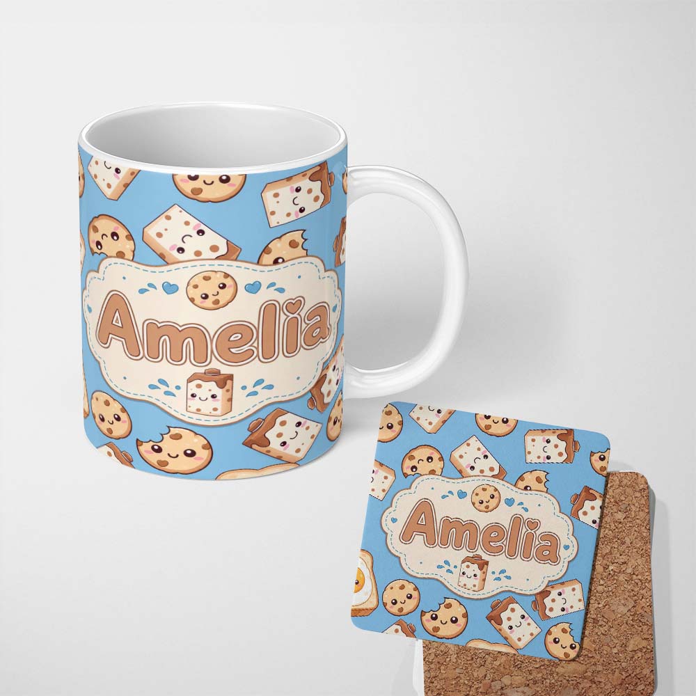Personalized Custom Name Cute Kawaii Cookies and Chocolate Milk Carton Blue Background 11oz Ceramic Coffee Tea Mug White Large Handle