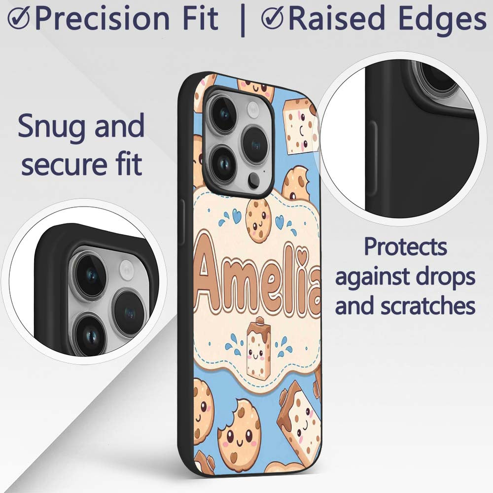 Cute Kawaii Cookies and Chocolate Milk Carton Custom Name Protective Phone Case Mobile Cover Durable Everyday Smartphone Shock Resistant