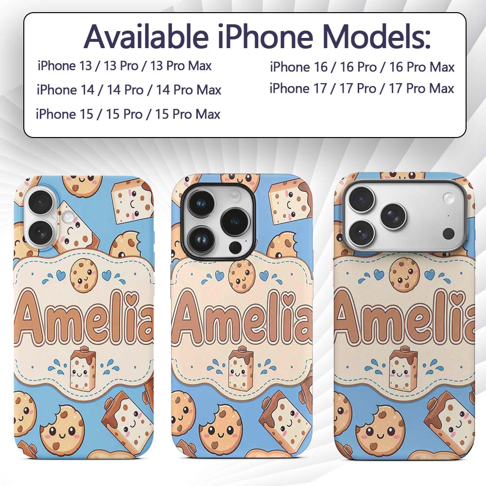 Cute Kawaii Cookies and Chocolate Milk Carton Custom Name Protective Phone Case Mobile Cover Durable Everyday Smartphone Shock Resistant
