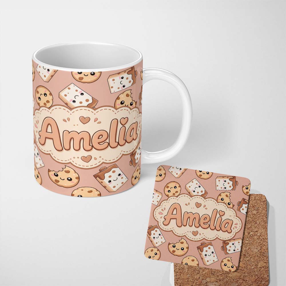 Personalized Custom Name Cute Kawaii Cookies and Chocolate Milk Carton Brown Background 11oz Ceramic Coffee Tea Mug White Large Handle