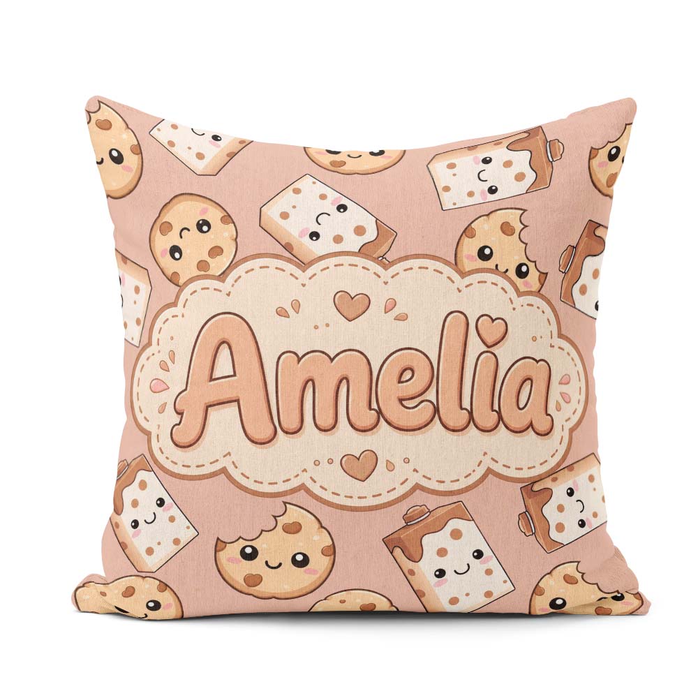 Custom Name Cute Kawaii Cookies and Milk Carton Brown Background Square Filled Cushion Throw Pillow Sofa Bed Home Decor Zip Washable UK Made