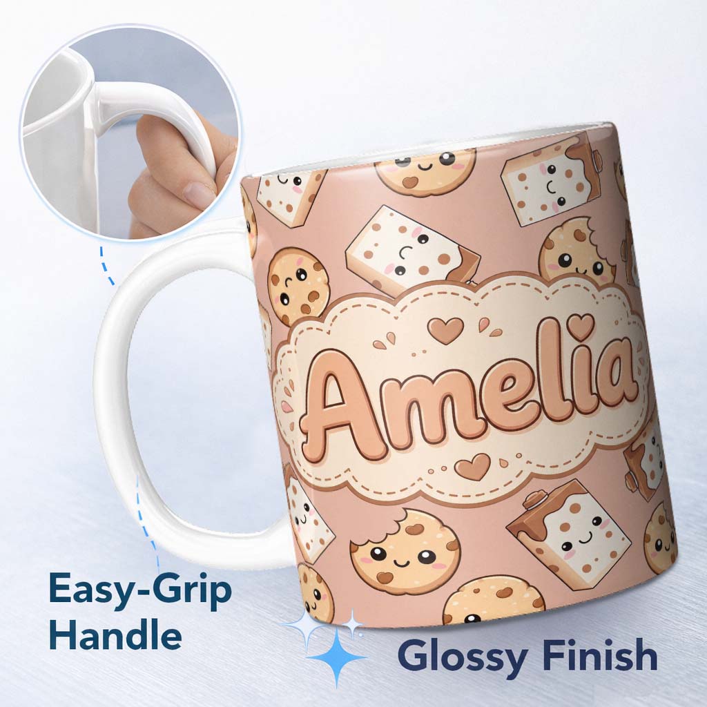 Personalized Custom Name Cute Kawaii Cookies and Chocolate Milk Carton Brown Background 11oz Ceramic Coffee Tea Mug White Large Handle