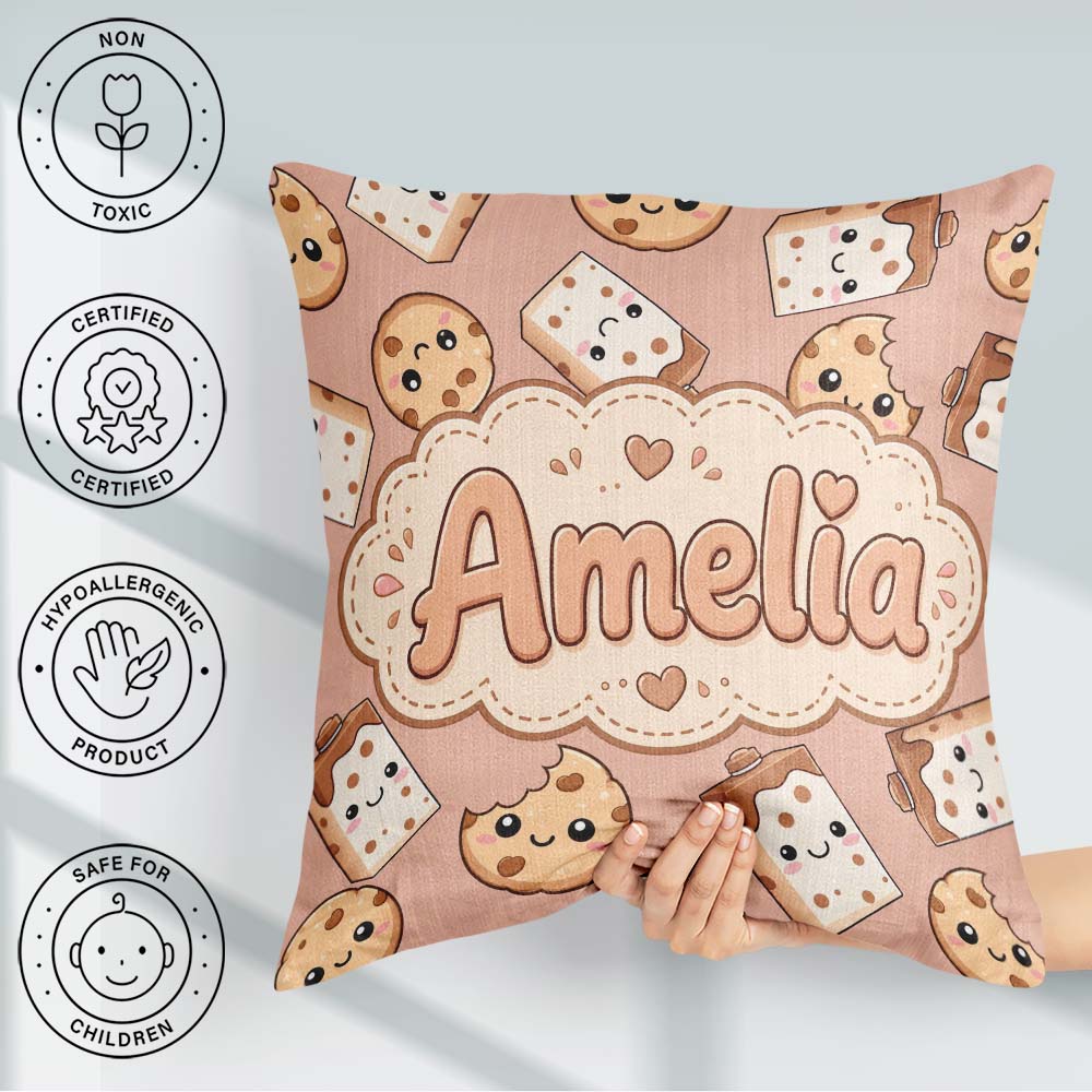 Custom Name Cute Kawaii Cookies and Milk Carton Brown Background Square Filled Cushion Throw Pillow Sofa Bed Home Decor Zip Washable UK Made
