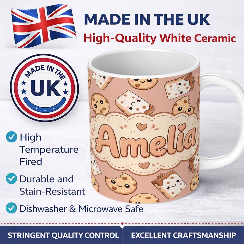 Personalized Custom Name Cute Kawaii Cookies and Chocolate Milk Carton Brown Background 11oz Ceramic Coffee Tea Mug White Large Handle