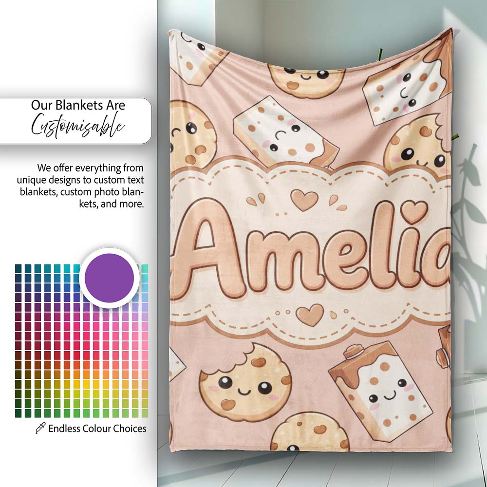 Cute Kawaii Cookies and Chocolate Milk Carton Brown Background Personalised Custom Name Super Soft Fleece Blanket Bed Sofa Throw