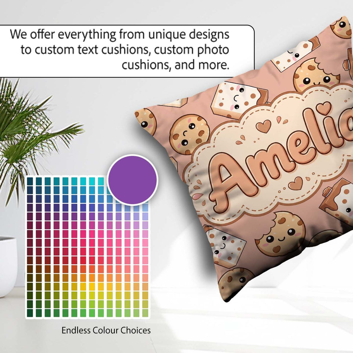 Custom Name Cute Kawaii Cookies and Milk Carton Brown Background Square Filled Cushion Throw Pillow Sofa Bed Home Decor Zip Washable UK Made
