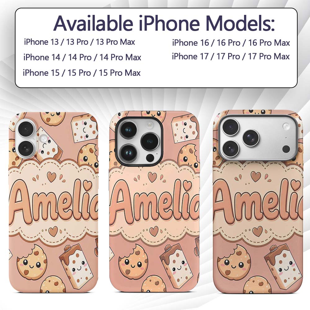 Cute Kawaii Cookies and Chocolate Milk Carton Custom Name Protective Phone Case Mobile Cover Durable Everyday Smartphone Shock Resistant