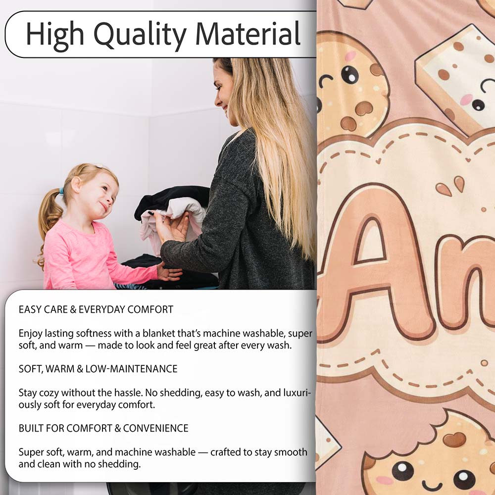 Cute Kawaii Cookies and Chocolate Milk Carton Brown Background Personalised Custom Name Super Soft Fleece Blanket Bed Sofa Throw