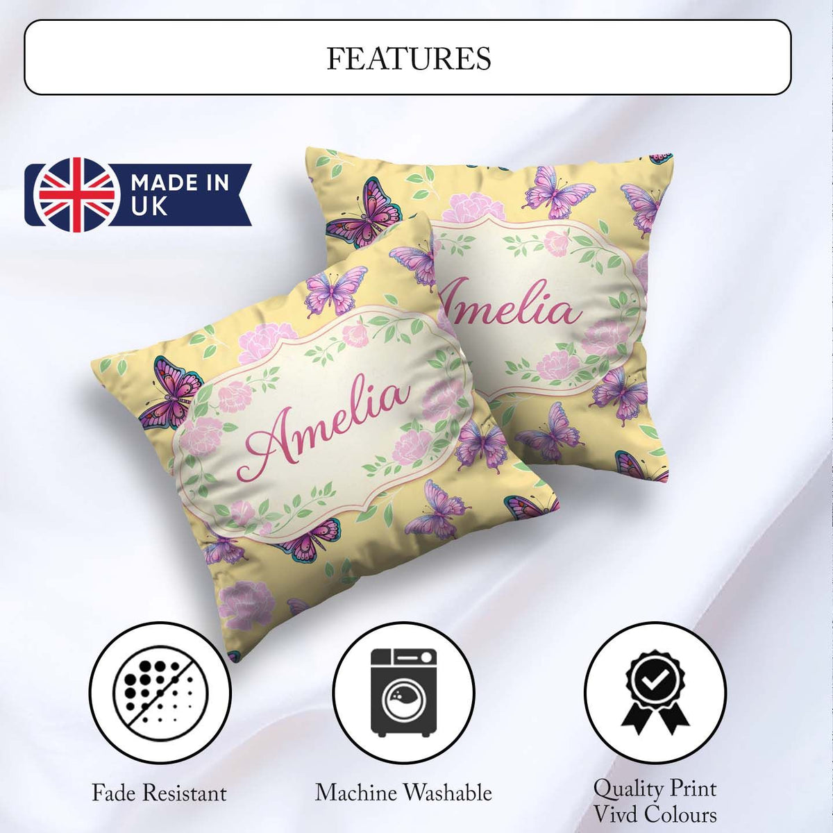 Custom Name Butterfly Neon Pink Blue Dark Space Seamless Pattern Square Filled Cushion Throw Pillow Sofa Bed Home Decor Zip Washable UK Made