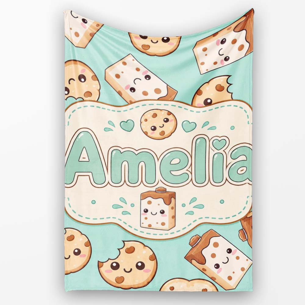 Cute Kawaii Cookies and Chocolate Milk Carton Teal Background Personalised Custom Name Super Soft Fleece Blanket Bed Sofa Throw