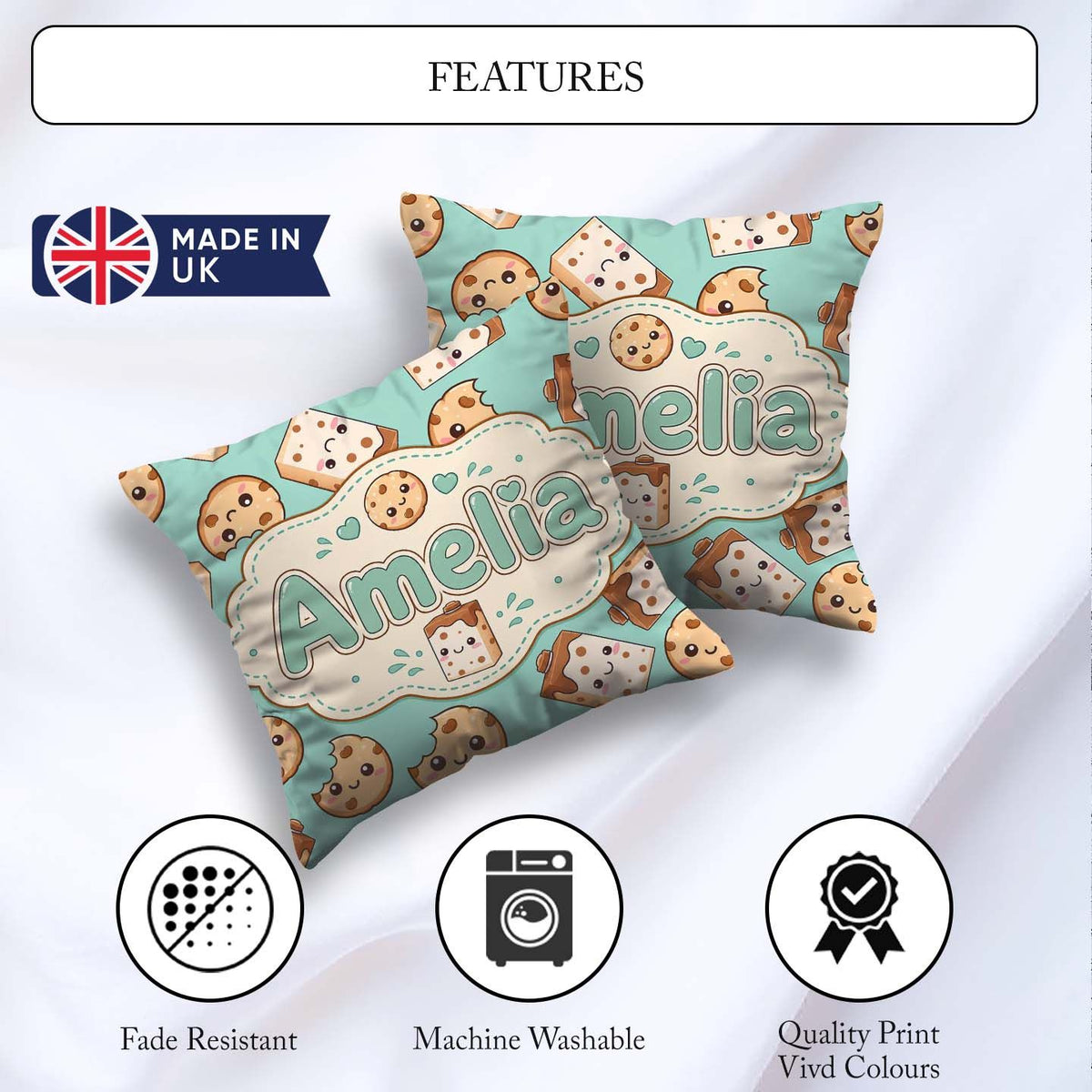 Custom Name Cute Kawaii Cookies and Milk Carton Teal Background Square Filled Cushion Throw Pillow Sofa Bed Home Decor Zip Washable UK Made