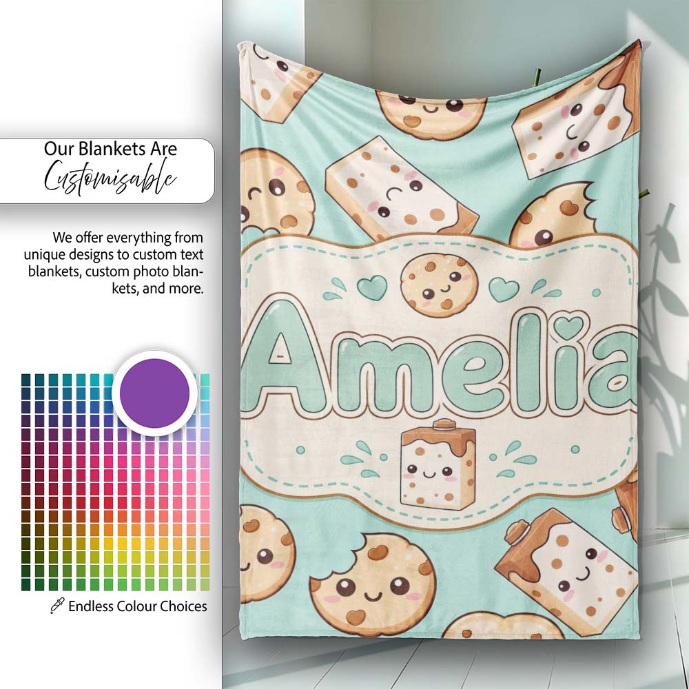 Cute Kawaii Cookies and Chocolate Milk Carton Teal Background Personalised Custom Name Super Soft Fleece Blanket Bed Sofa Throw