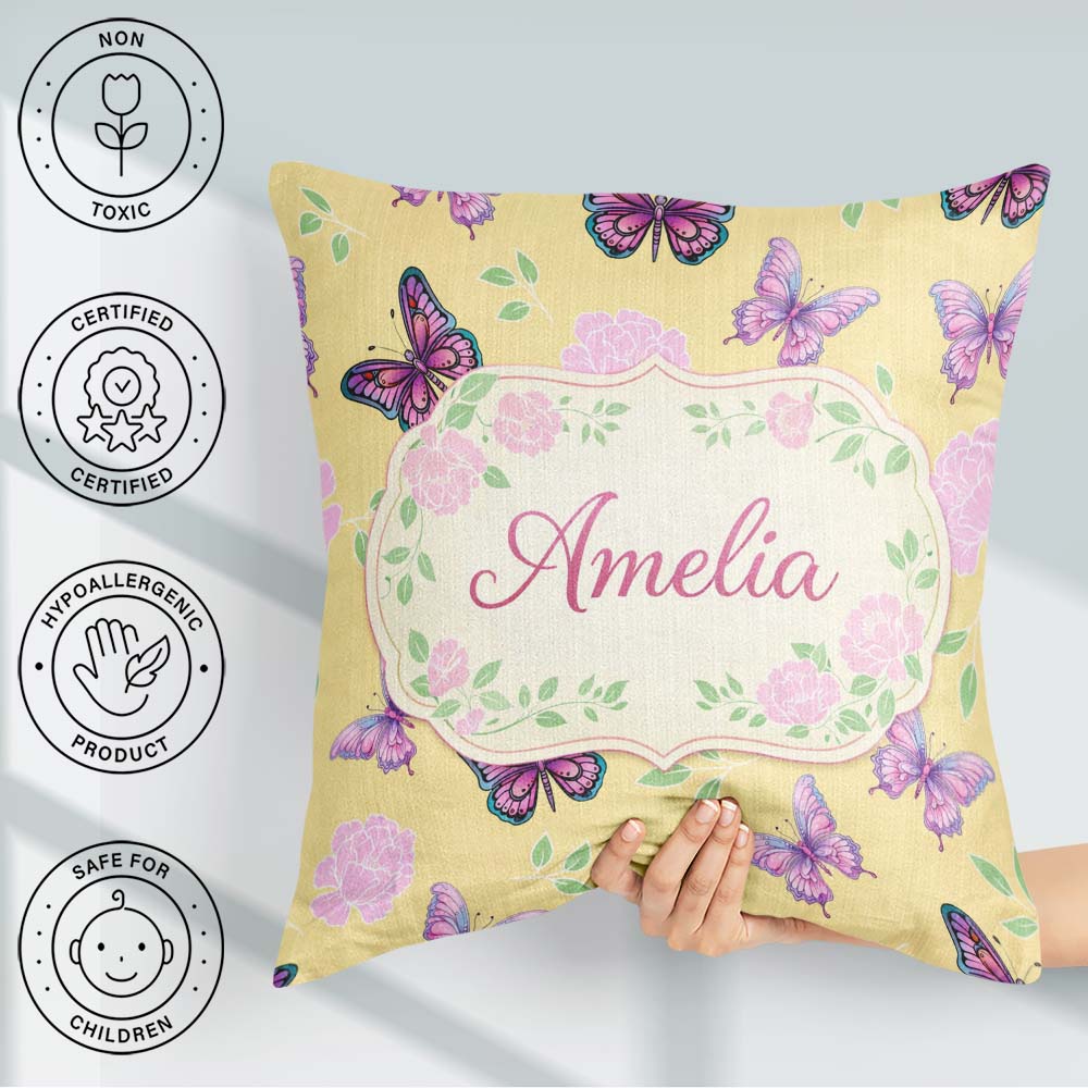 Custom Name Butterfly Neon Pink Blue Dark Space Seamless Pattern Square Filled Cushion Throw Pillow Sofa Bed Home Decor Zip Washable UK Made