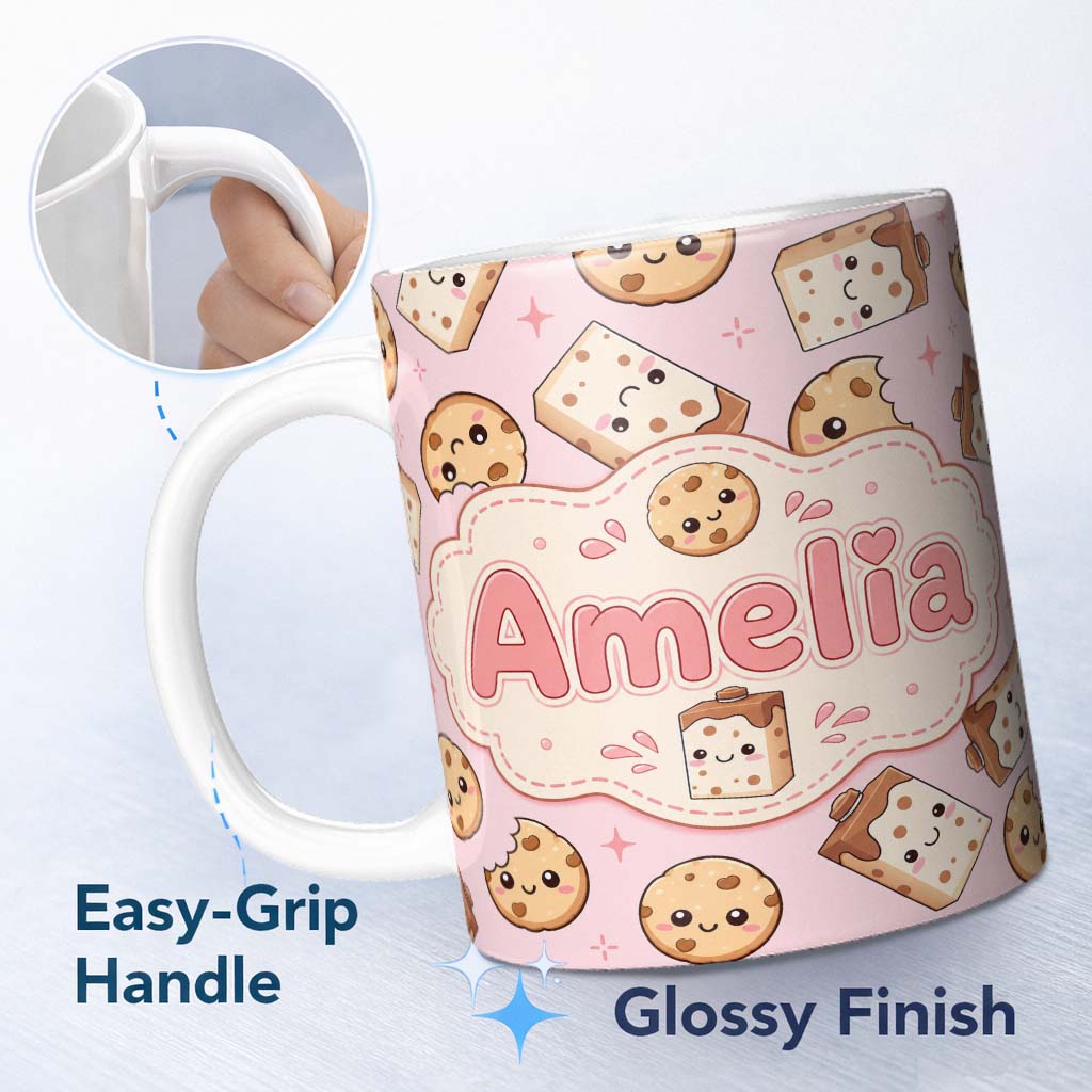Personalized Custom Name Cute Kawaii Cookies and Chocolate Milk Carton Pink Background 11oz Ceramic Coffee Tea Mug White Large Handle