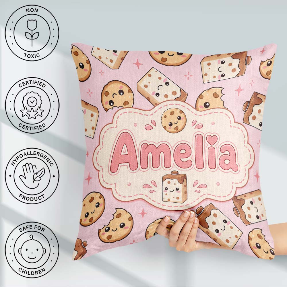 Custom Name Cute Kawaii Cookies and Milk Carton Pink Background Square Filled Cushion Throw Pillow Sofa Bed Home Decor Zip Washable UK Made