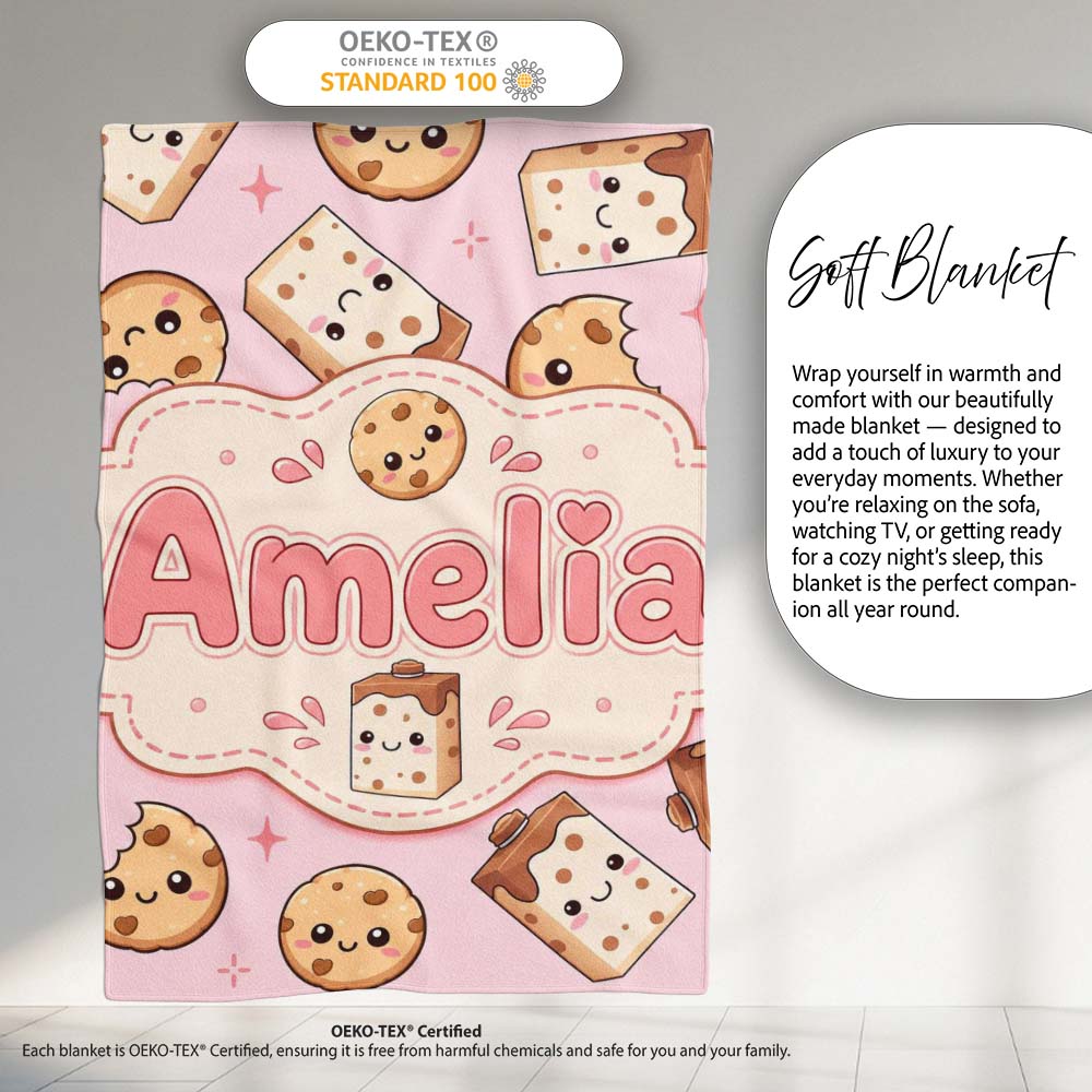 Cute Kawaii Cookies and Chocolate Milk Carton Pink Background Personalised Custom Name Super Soft Fleece Blanket Bed Sofa Throw