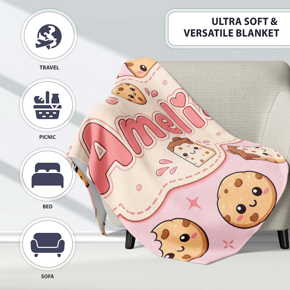 Cute Kawaii Cookies and Chocolate Milk Carton Pink Background Personalised Custom Name Super Soft Fleece Blanket Bed Sofa Throw