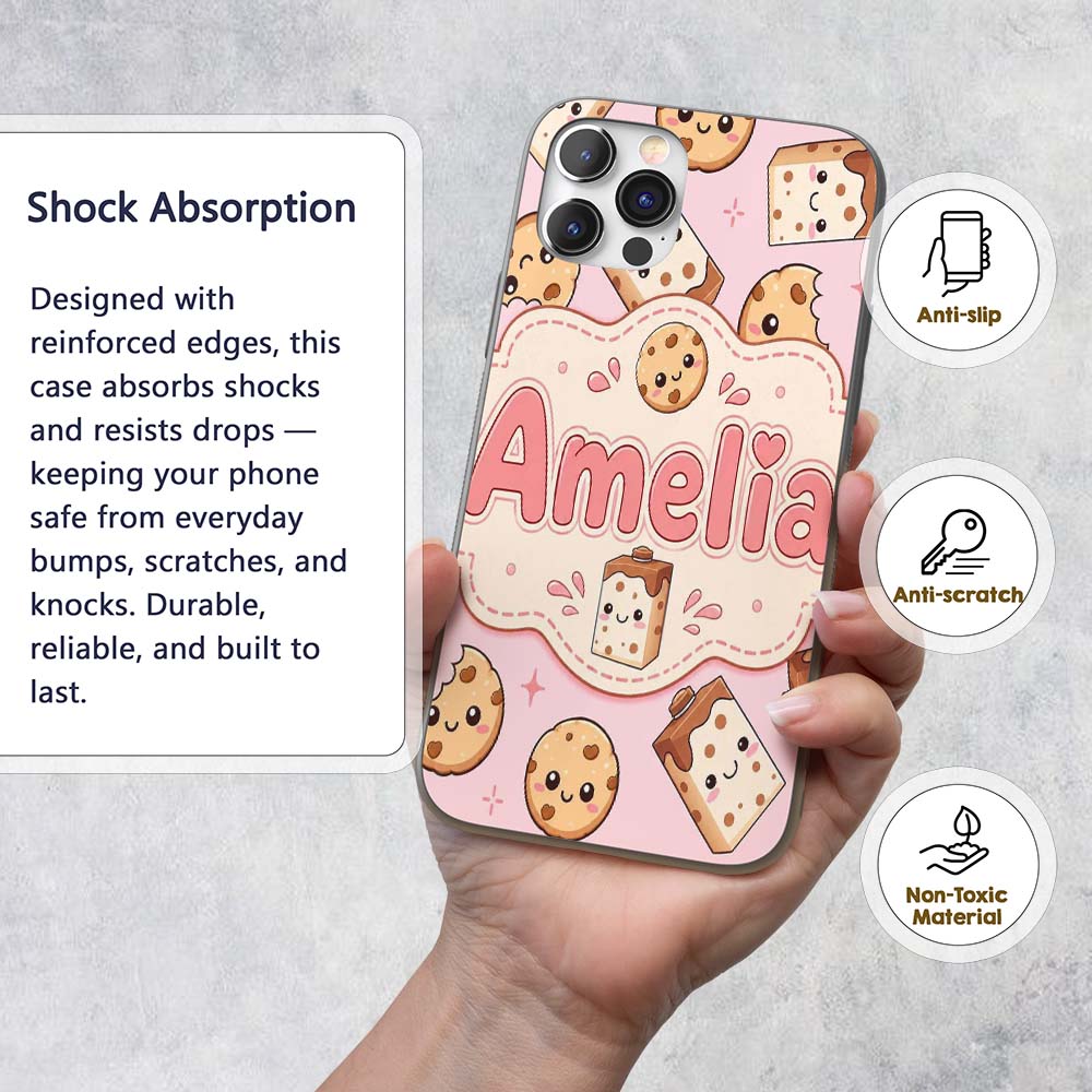 Cute Kawaii Cookies and Chocolate Milk Carton Custom Name Protective Phone Case Mobile Cover Durable Everyday Smartphone Shock Resistant