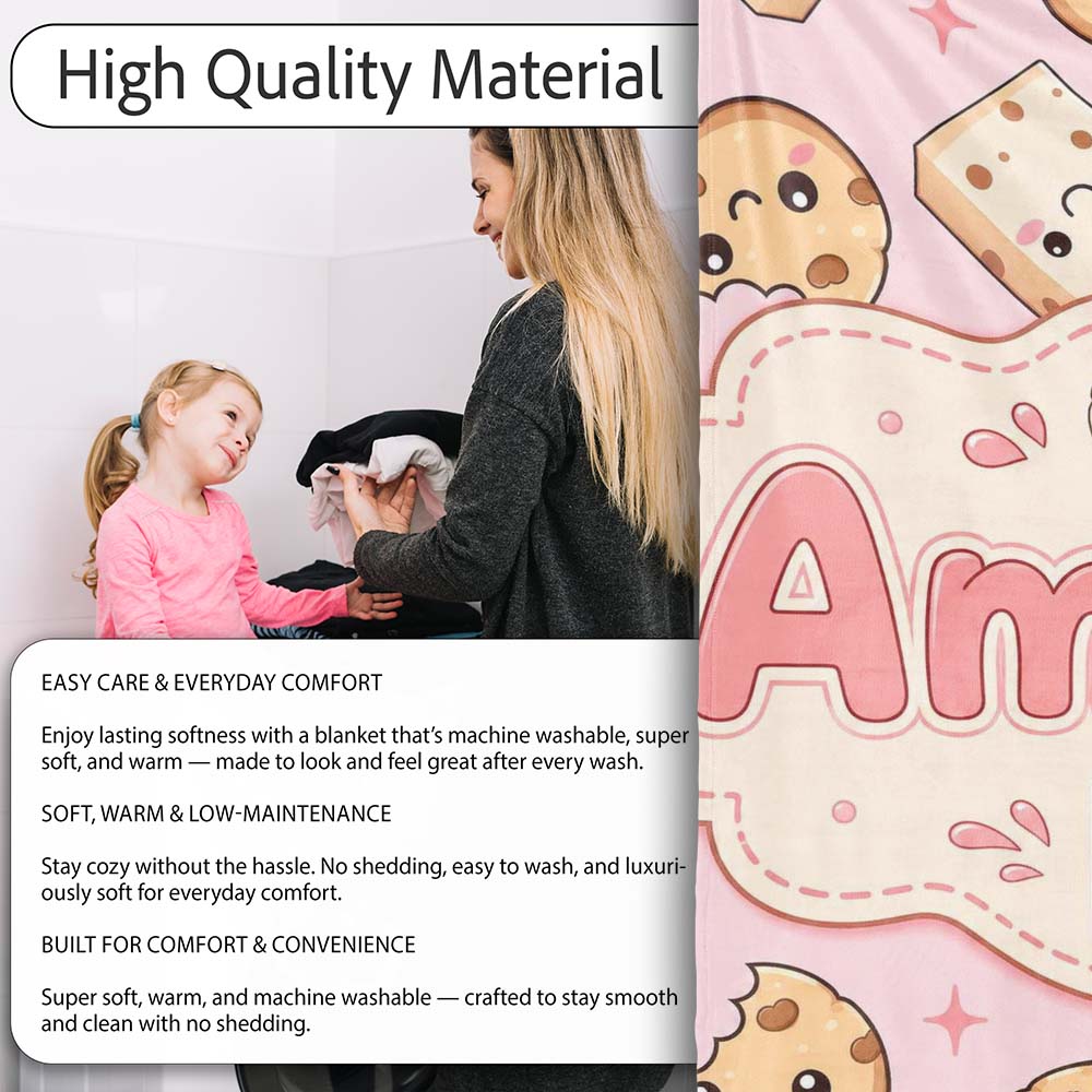 Cute Kawaii Cookies and Chocolate Milk Carton Pink Background Personalised Custom Name Super Soft Fleece Blanket Bed Sofa Throw