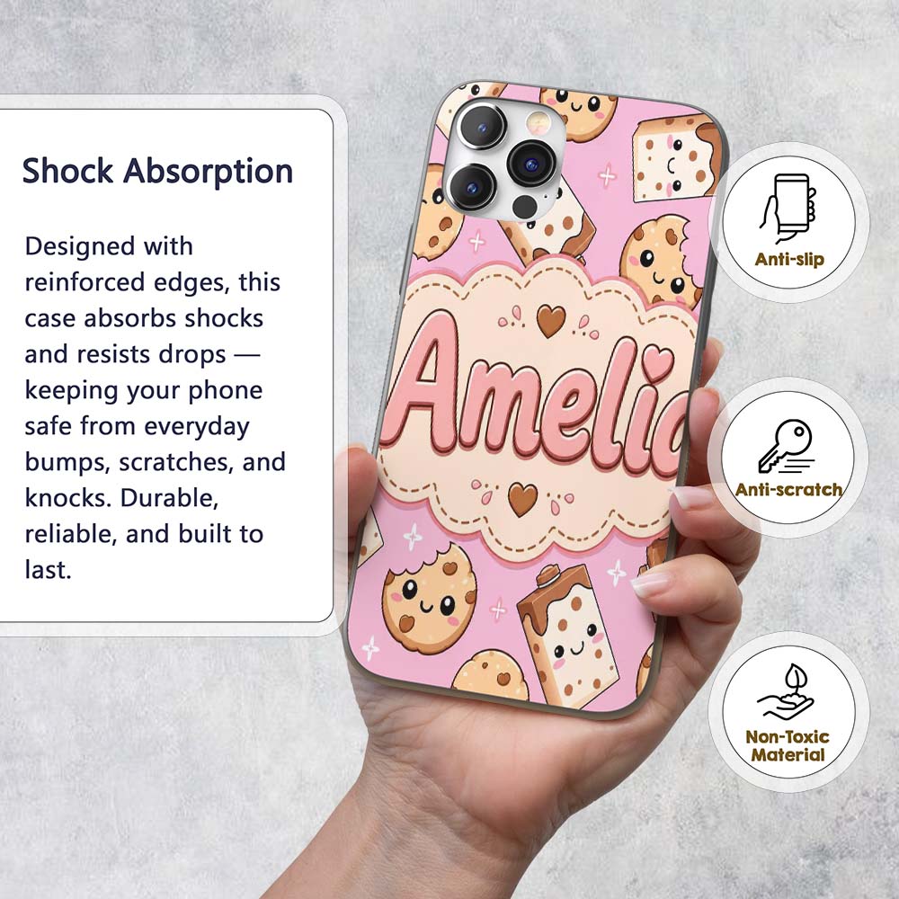 Kawaii Cookies and Chocolate Milk Carton Light Custom Name Protective Phone Case Mobile Cover Durable Everyday Smartphone Shock Resistant
