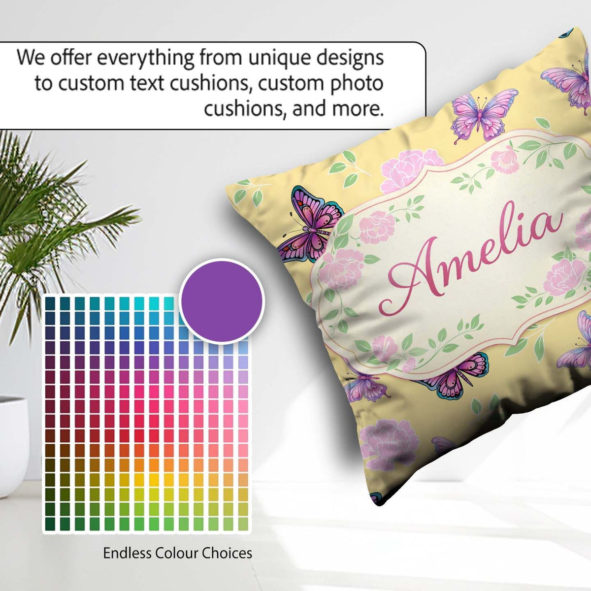 Custom Name Butterfly Neon Pink Blue Dark Space Seamless Pattern Square Filled Cushion Throw Pillow Sofa Bed Home Decor Zip Washable UK Made