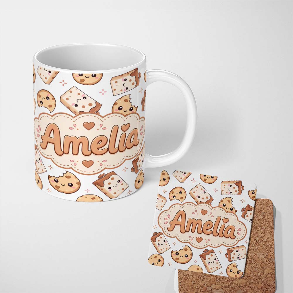 Personalized Custom Name Cute Kawaii Cookies and Chocolate Milk Carton Grey Background 11oz Ceramic Coffee Tea Mug White Large Handle