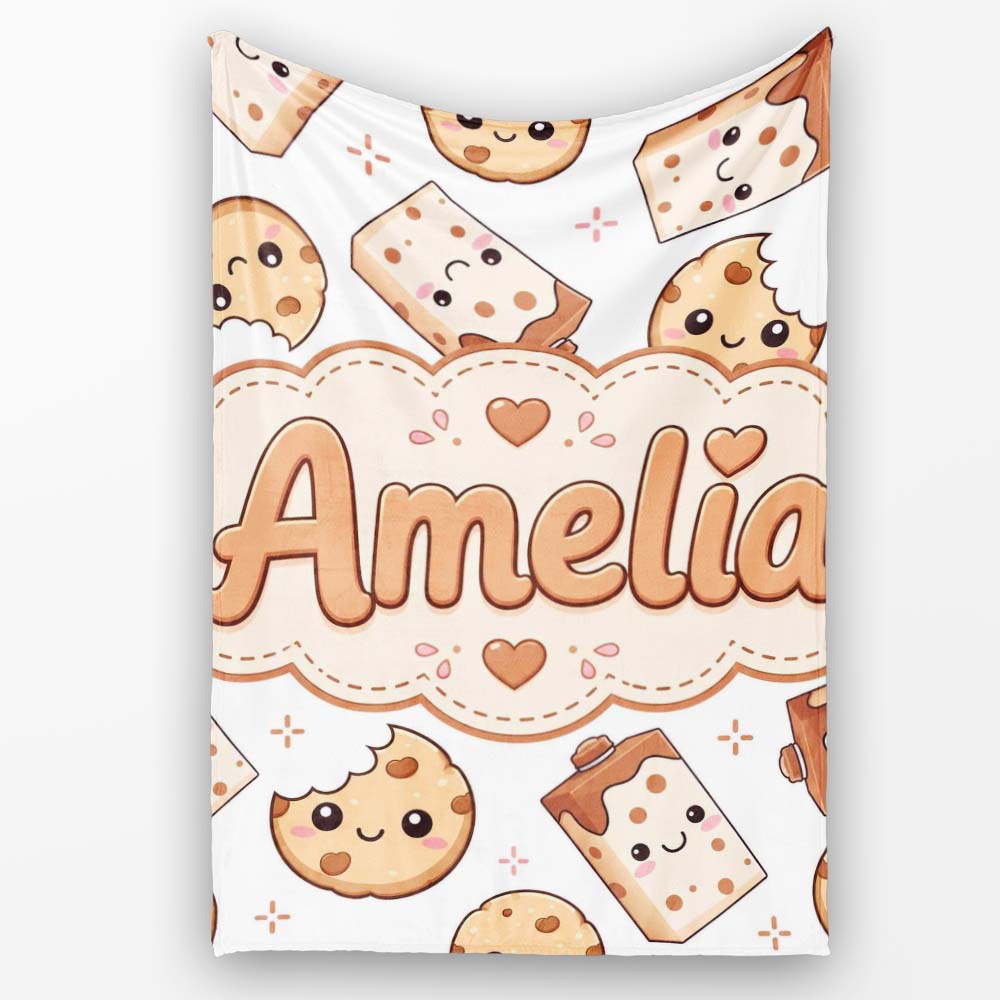 Cute Kawaii Cookies and Chocolate Milk Carton Grey Background Personalised Custom Name Super Soft Fleece Blanket Bed Sofa Throw