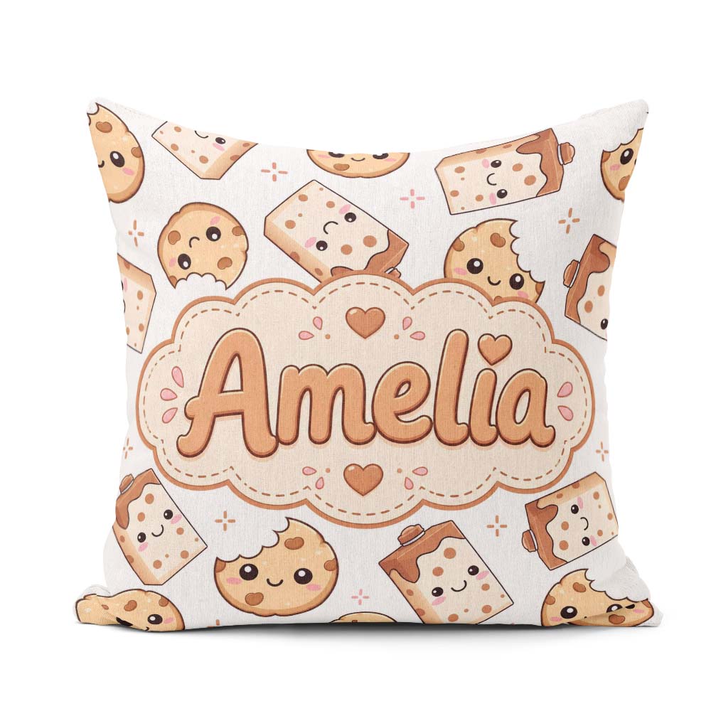 Custom Name Cute Kawaii Cookies and Milk Carton Grey Background Square Filled Cushion Throw Pillow Sofa Bed Home Decor Zip Washable UK Made