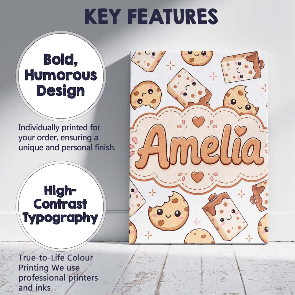 Personalised Name Cute Kawaii Cookies and Custom Unique Gift Idea Elegant Feature Canvas Wall Art Print Decor Picture Ready to Hang