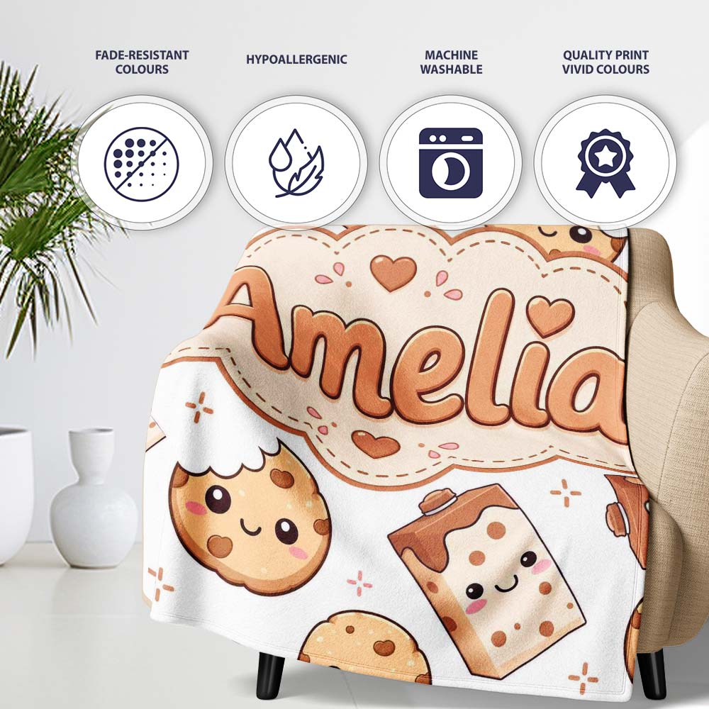Cute Kawaii Cookies and Chocolate Milk Carton Grey Background Personalised Custom Name Super Soft Fleece Blanket Bed Sofa Throw