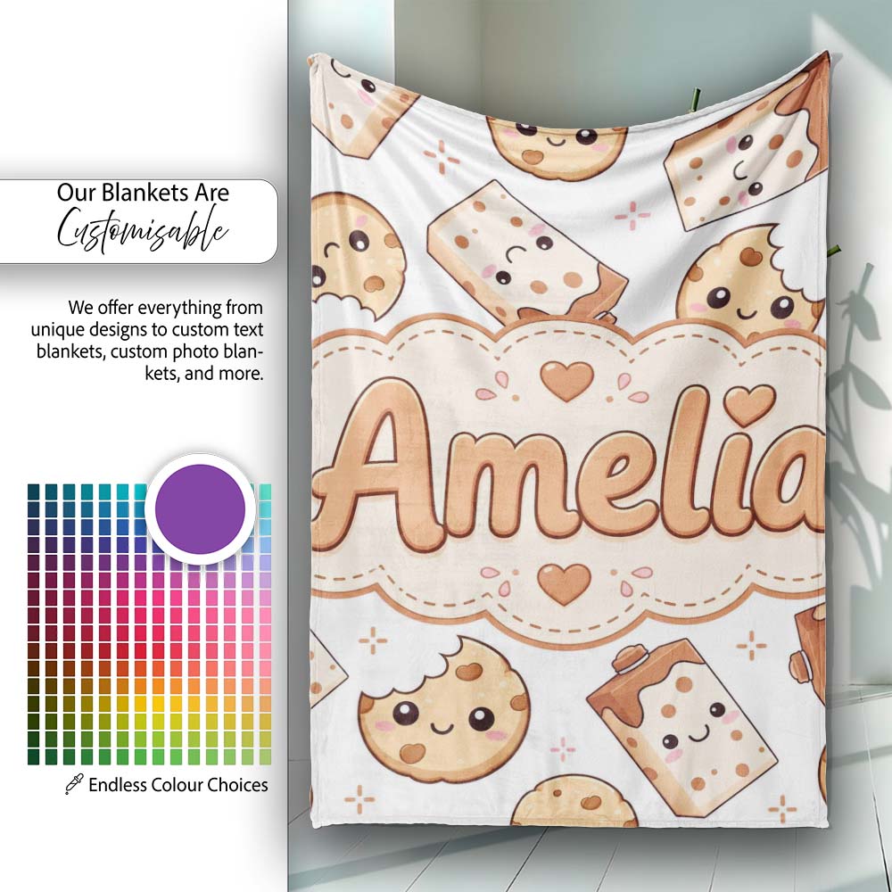Cute Kawaii Cookies and Chocolate Milk Carton Grey Background Personalised Custom Name Super Soft Fleece Blanket Bed Sofa Throw