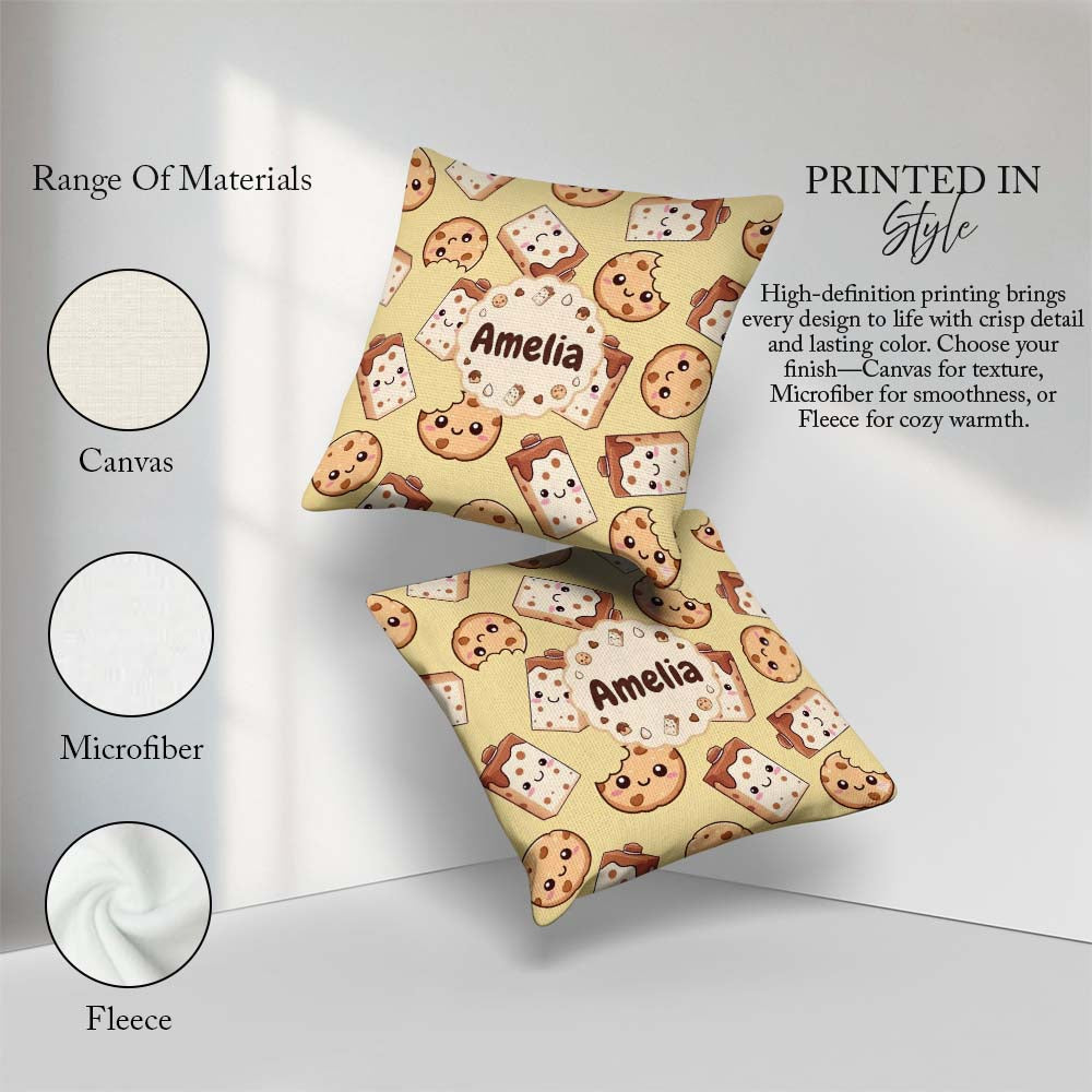Custom Name Kawaii Chocolate Milk and Cookie Characters Seamless Square Filled Cushion Throw Pillow Sofa Bed Home Decor Zip Washable UK Made